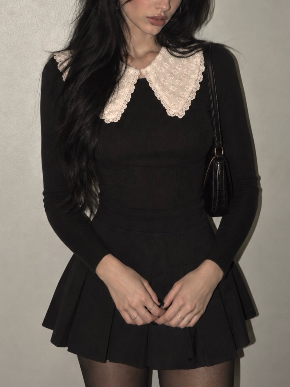 Gothic Long-Sleeve Dress w White Lace Collar- Women’s Stylish Formal Essentials